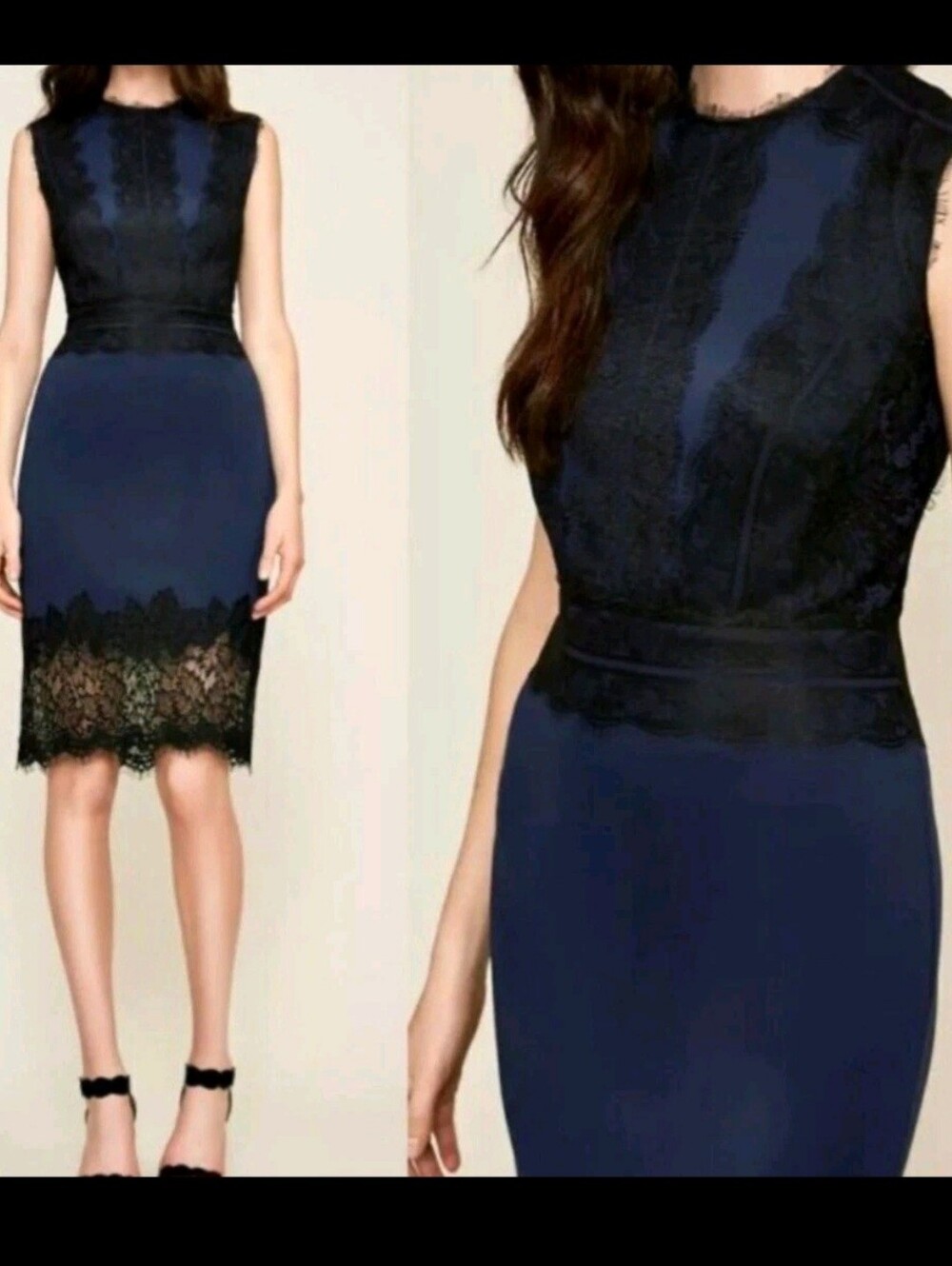 Tadashi Shoji Cocktail Dress Size 12 Neoprene Stretch Scuba Blue Black Lace Trim
